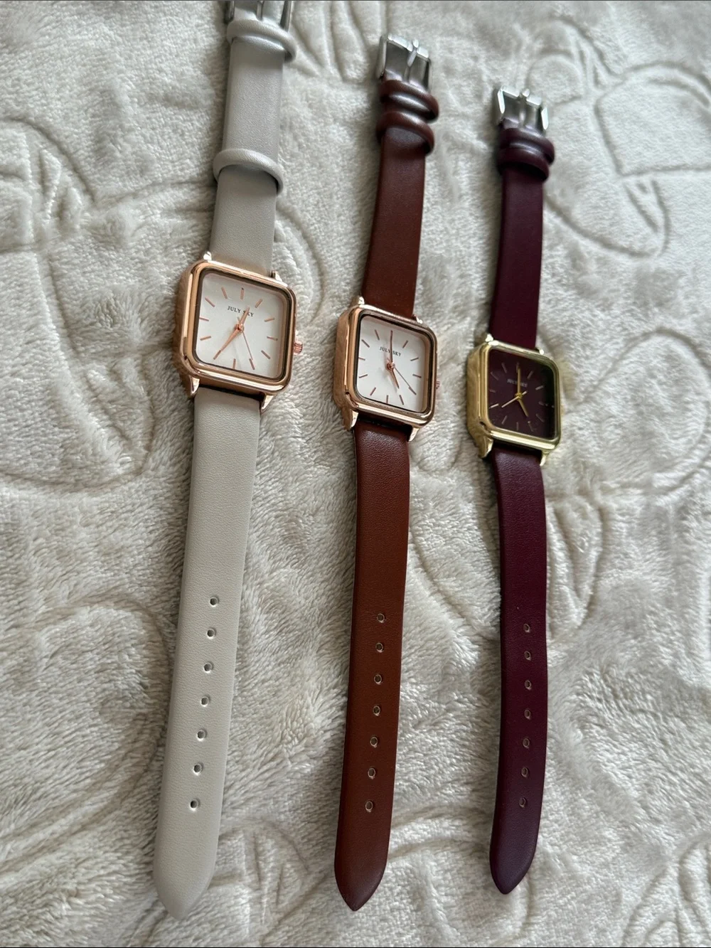Minimal Square Dial Leather Strap Watch - White, Brown, Burgundy